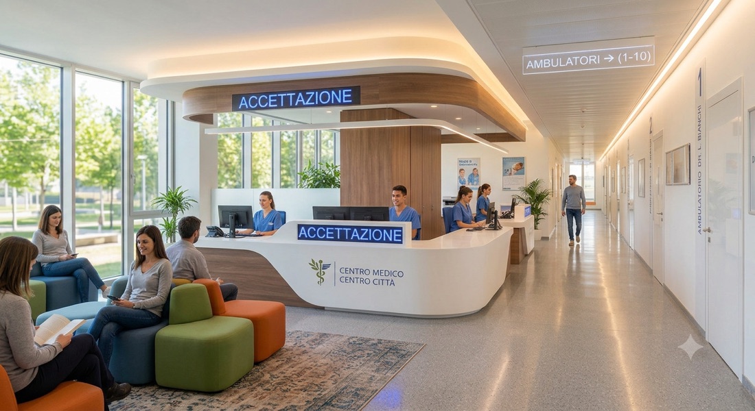 Banco accettazione di un centro medico con pazienti in attesa