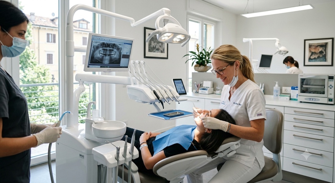 Dentista al riunito con una paziente in uno studio odontoiatrico moderno