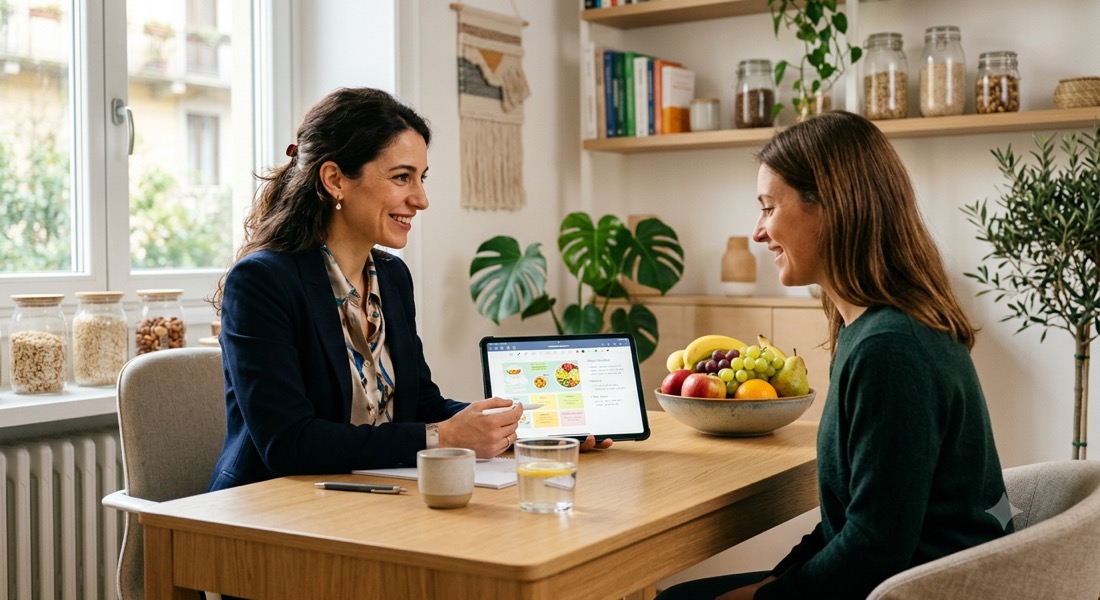 Nutrizionista in consulenza con una paziente nello studio
