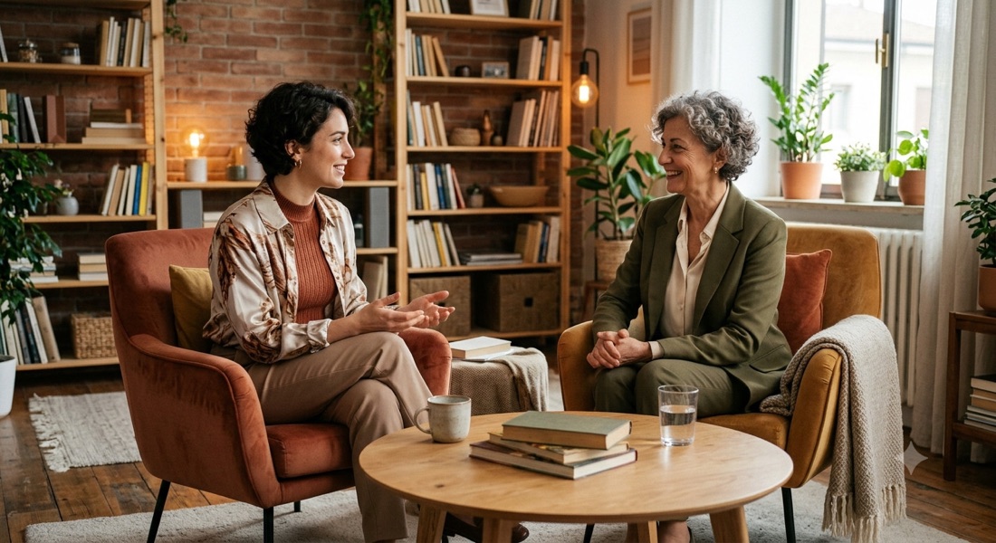 Colloquio in uno studio di psicologia, due persone sedute in poltrona