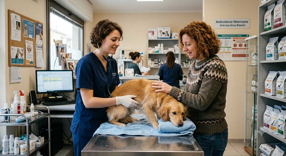 Veterinaria che visita un cane sul tavolo dell'ambulatorio insieme alla proprietaria